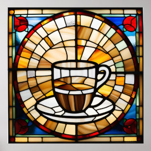 Poster Design de Xícara de Café com Efeito de Vitral