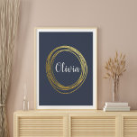 Poster Design do Círculo de Abstrato Dourado Faux com Nom<br><div class="desc">Um design de círculo escrivível abstrato em ouro falso em um fundo azul indigo personalizado com seu nome em bonito letra de pincel. Basta clicar em personalizar para alterar a cor de fundo. Contacte-me com quaisquer perguntas ou pedidos.</div>