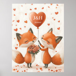 Poster Design Fox Love com Iniciais Personalizáveis