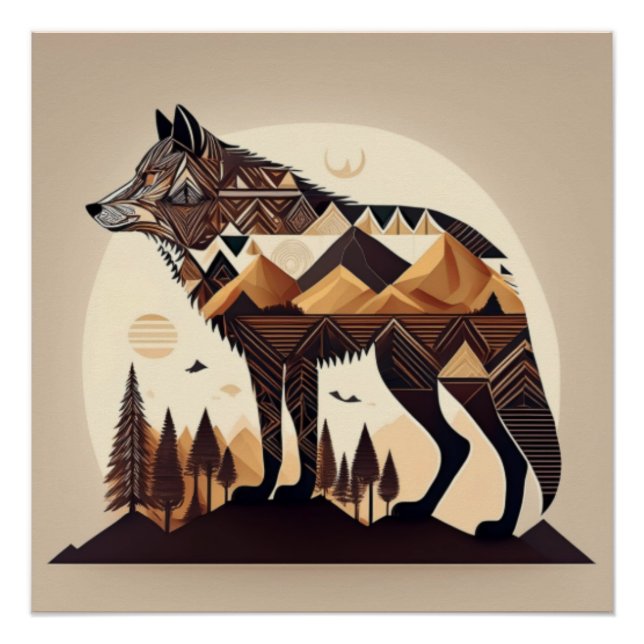 Póster Design Geométrico Wolf Mountain Scene (Frente)