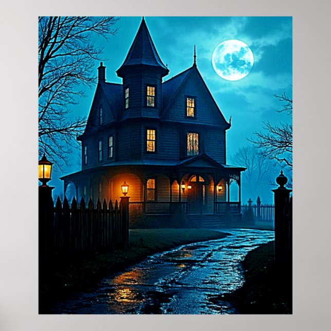 Poster Design Mansão Assombrada Luz da Lua Azul Noturna (Frente)