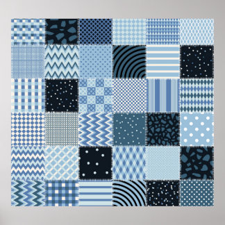 Poster Design, retalhos geométricos, tons azuis.