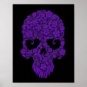 Póster Design roxo do crânio das flores e das videiras n