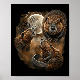 Poster Designação de castor uivando para lua, castor engr