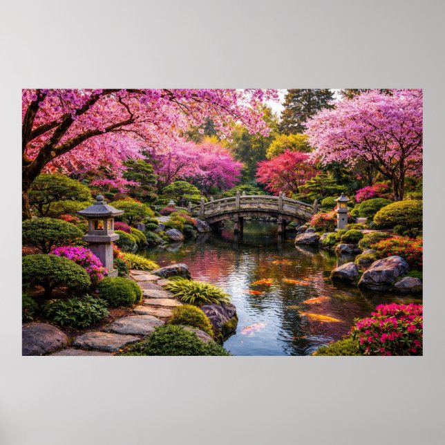Poster Deslumbrante Jardim Japonês & Lago de Koi (Frente)