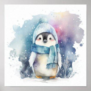 Poster Desperdício de aquarela de Winter Baby Penguin, im