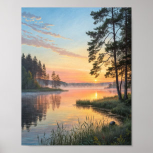 Poster Despertar Dourado: Um Nascer do Sol numa Manhã Neb