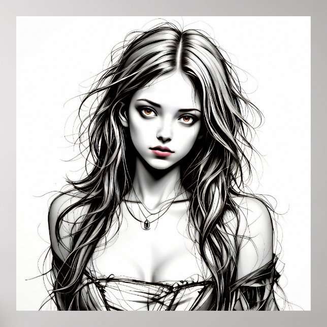 Poster Dessin d'une jeune femme grunge.  (Frente)