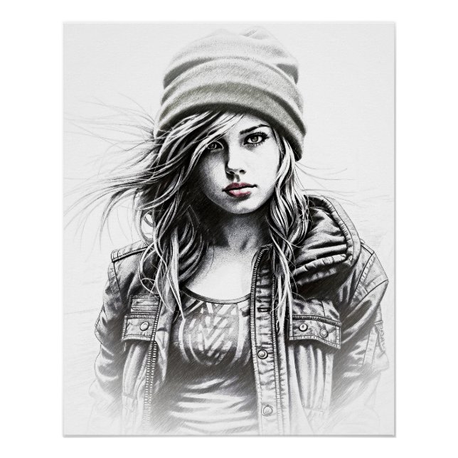Póster Dessin d'une jeune femme grunge (Frente)