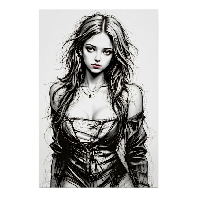 Póster Dessin d'une jeune femme grunge.  (Frente)