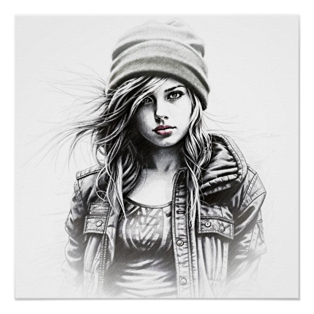 Póster Dessin d'une jeune femme grunge (Frente)