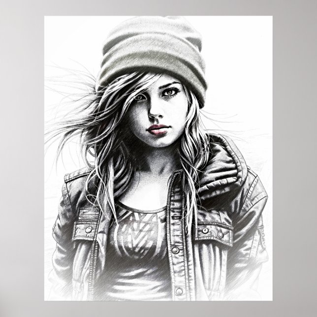 Poster Dessin d'une jeune femme grunge (Frente)