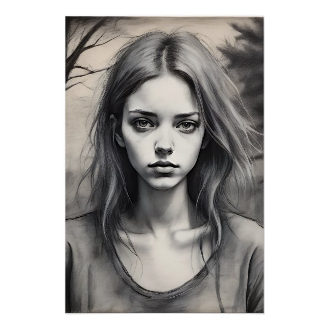Póster Dessin d'une jeune fille mélancolique.  (Frente)