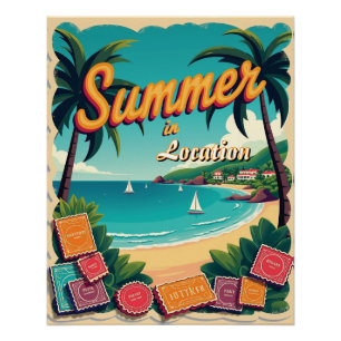 Póster Destino de Verão Editável com Selos de Viagem