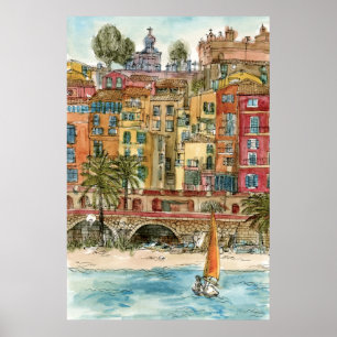 Póster Destinos Praia e Edifícios de Watercolor