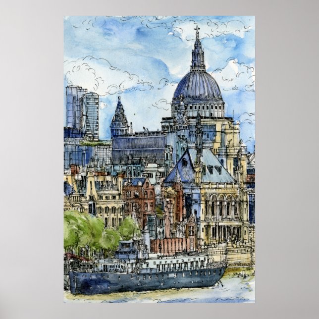 Poster Destinos | Watercolor River Thames Waterfront (Frente)