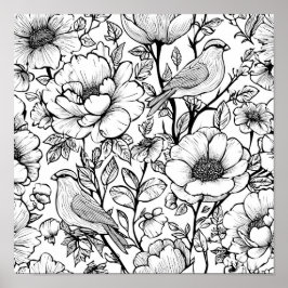 Poster Detailed Folk Flora Scroll Decoupage Template Line