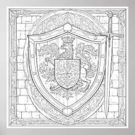 Poster Detailed Knight's Heraldic Shield Coloring Page