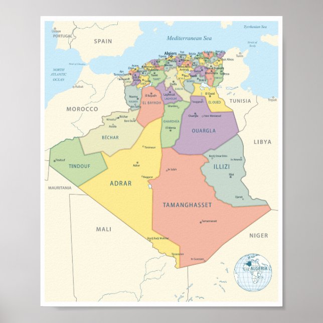 Poster Detailed Map of Algeria Regions (Frente)