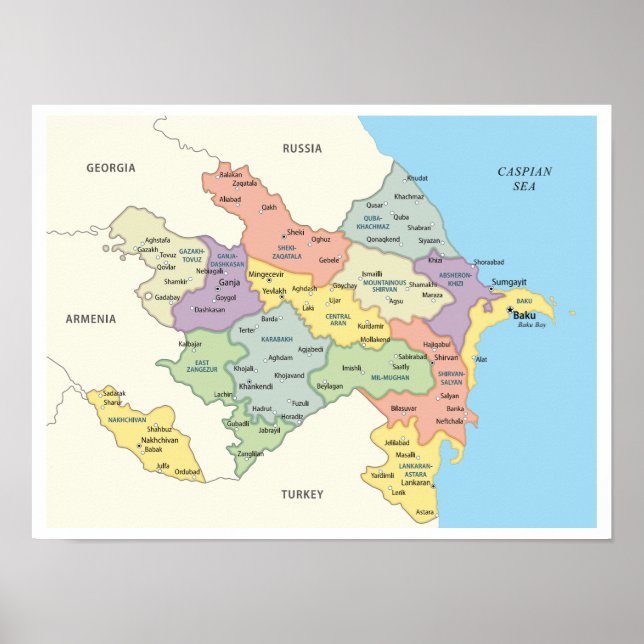 Poster Detailed Map of Azerbaijan Regions (Frente)