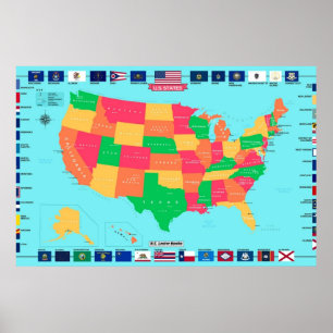 Poster Detailed USA Map With State Flags