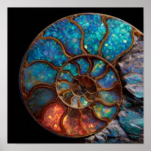 Poster Detalhe Fóssil Ammonite Opalizado Iridescente
