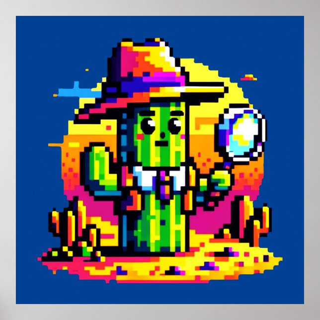 Poster Detetive de Cactus de 8 Bits - Mistério de Pixel R (Frente)