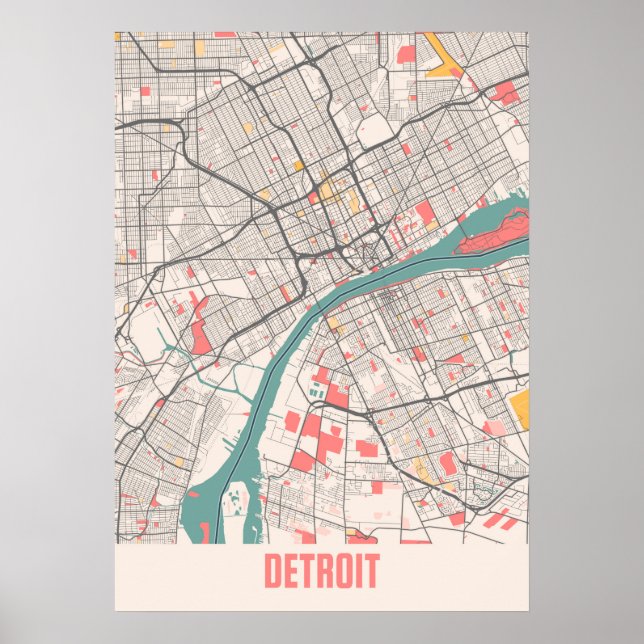 Poster Detroit - Mapa da Cidade do Chalk de Michigan (Frente)