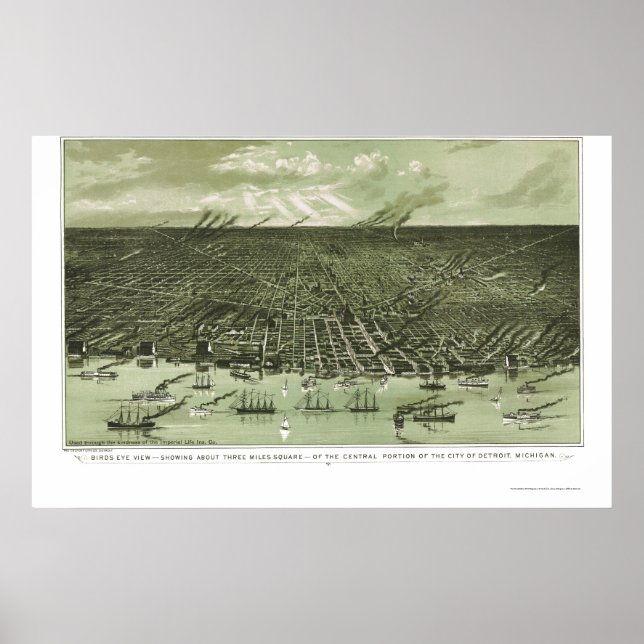 Póster Detroit, MI Panorâmica Map - 1889 (Frente)