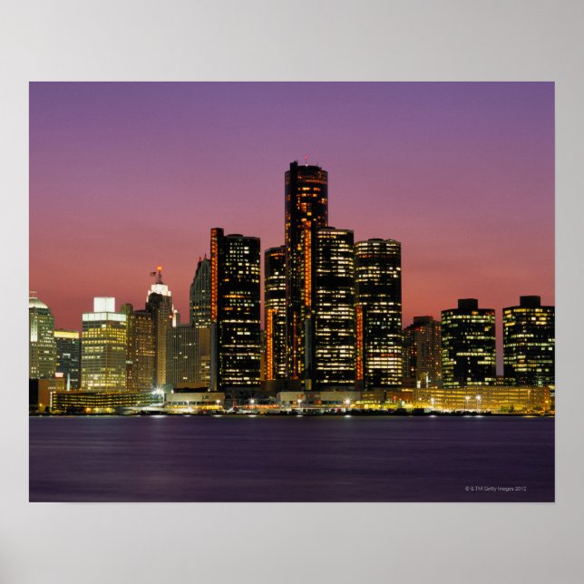 Poster Detroit, Michigan Skyline à Noite (Frente)