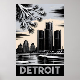 Poster Detroit Skyline Black and White Woodcut Winter
