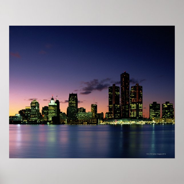 Póster Detroit Skyline em Dusk 2 (Frente)
