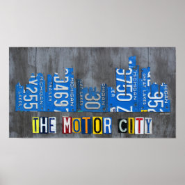 Póster Detroit The Motor City Skyline Licate Plate Art