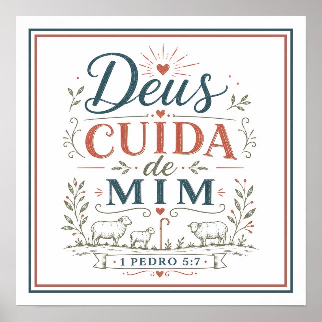 Poster Deus Cuida de Mim Frase Espiritual Cristã (Frente)