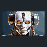 Poster Deus Ex Machina White Gold Robot Portrait<br><div class="desc">Bring the cutting edge of artificial intelligence into your living space with this breathtaking sci-fi portrait poster. This artwork features a mesmerizing, close-up view of a highly advanced android face. The flawless white armor paneling and intricate golden mechanical internals are rendered with stunning precision, while the glowing yellow eyes seem...</div>