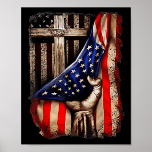 Poster Deus Jesus Cruz Atrás da Bandeira Americana Patrió