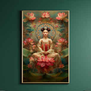 Poster Deusa Budista Quan Yin Pink Lotus Pintura