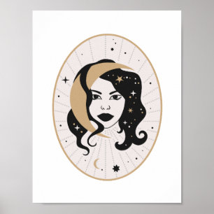 Poster Deusa Celestial Rosto Lua Magia Estrelas Arte Míst