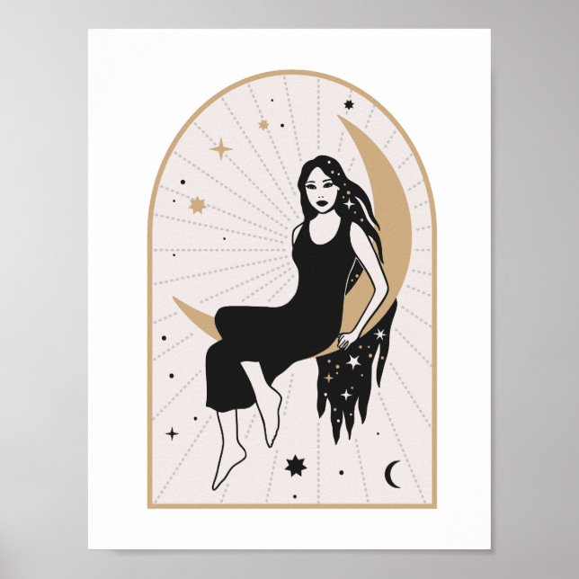 Poster Deusa Celestial Sentada na Lua Arte Mística Mágica (Frente)