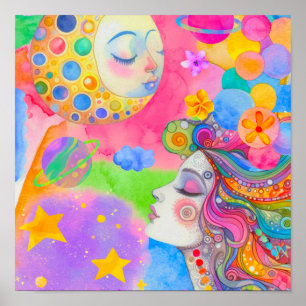 Poster Deusa da Lua Arte Celestial em Aquarela Suave