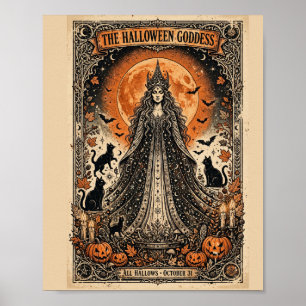 Poster Deusa do Halloween Vintage Bruxas Góticas Gato Pre