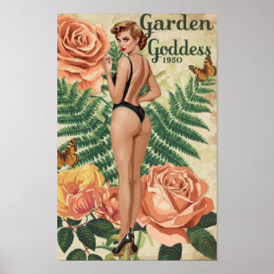 Poster Deusa do Jardim 1950 – Colagem Botânica de Pin-Up