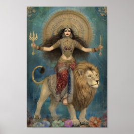 Poster Deusa Durga cavalgando Leão Turquesa Arte Dourada