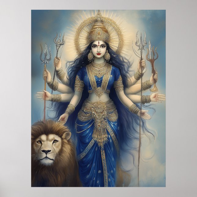 Poster Deusa Durga com Posto Retrato Hindu Lion Divine (Frente)