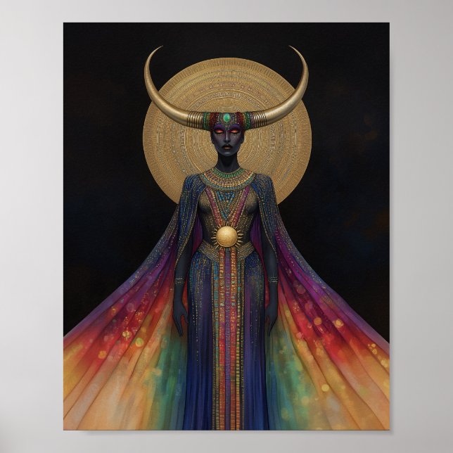 Poster Deusa Egípcia Hathor Rainbow Arte Dourada Negra (Frente)