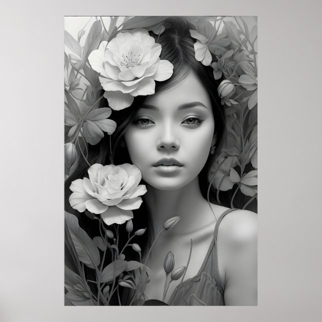 Poster Deusa Floral em Preto e Branco (Frente)