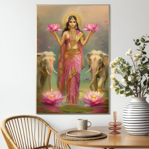 Poster Deusa Lakshmi: Elefantes Florais Rosa Ouro