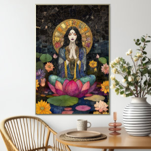 Poster Deusa Lakshmi Floral Mosaico Arco-Íris Dourado
