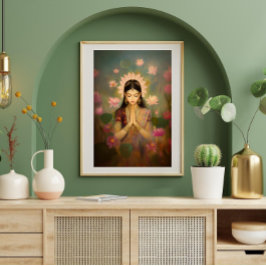 Poster Deusa Lakshmi Lotus Flores Arte Pintura Hindu