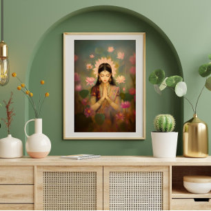 Poster Deusa Lakshmi Lotus Flores Arte Pintura Hindu